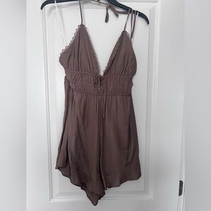 Large Taupe Romper from boutique with adjustable halter straps, never worn, tags